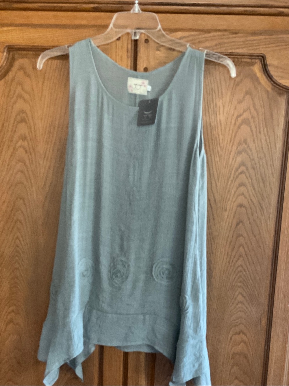 Sleeveless Sage Green Embroidered Handkerchief Hem Tunic